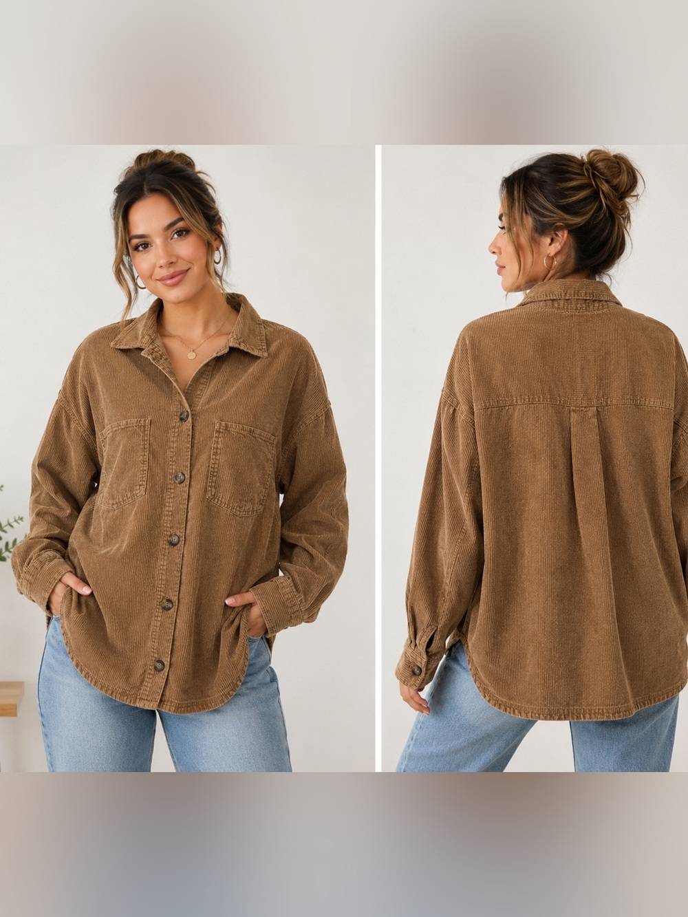 Corduroy Button-Front Shirt Jacket - Brown